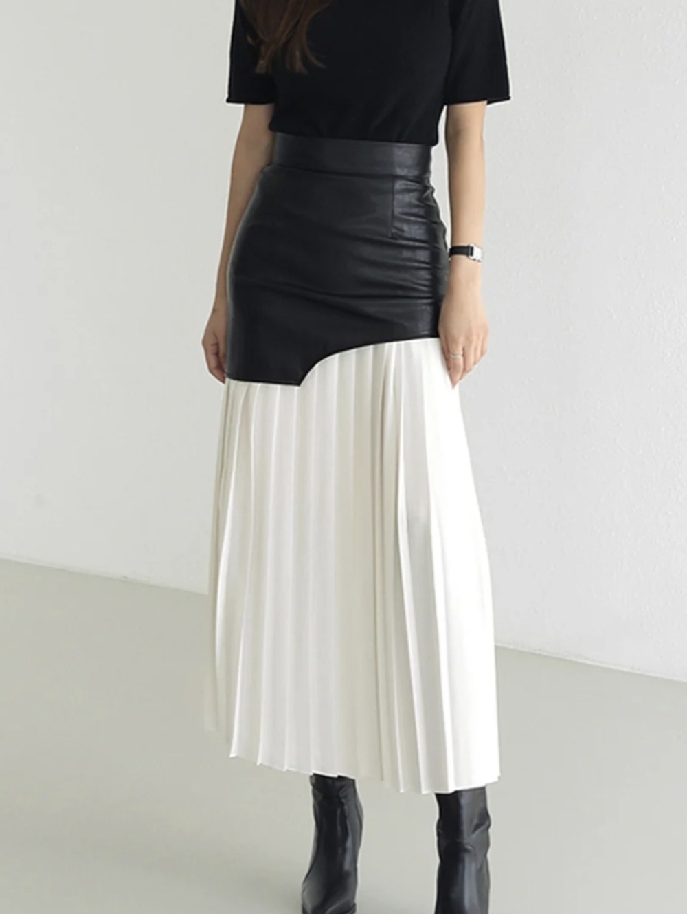 NWT Commense Asymmetric Patchwork Faux Leather Chiffon Pleated Maxi Skirt - Picture 3 of 5